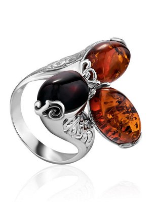 Крупное ажурное кольцо из серебра и натурального янтаря двух цветов «Касабланка»