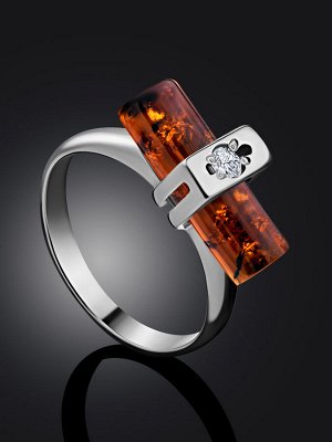 Серебряное кольцо с натуральным коньячным янтарём и цирконами «Скандинавия»