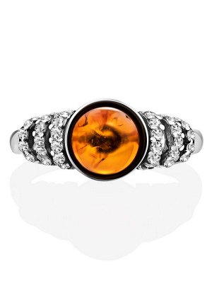 Красивое кольцо из серебра с натуральным янтарём и фианитами «Ренессанс»