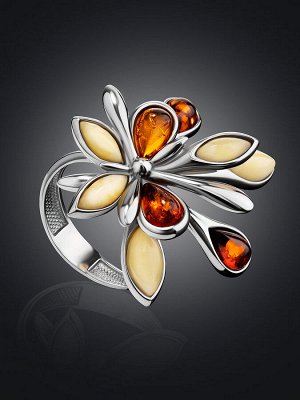 Роскошное кольцо из серебра с коньячным и медовым янтарем «Георгина»