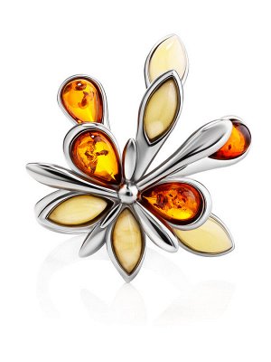 Роскошное кольцо из серебра с коньячным и медовым янтарем «Георгина»