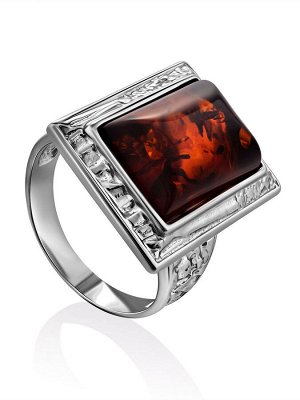 Элегантное серебряное кольцо со вставкой из натурального балтийского вишнёвого янтаря «Аврора»