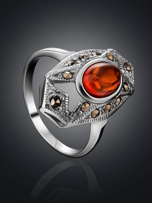 amberholl Изысканное кольцо «Эйфория» из серебра с янтарем и марказитами