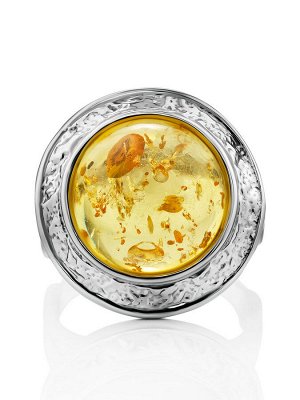 Нарядное серебряное кольцо с круглой вставкой золотисто-лимонного янтаря «Ампир»