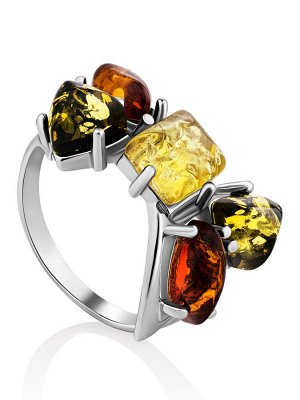 Кольцо из натурального янтаря трёх цветов в серебре «Бантик»