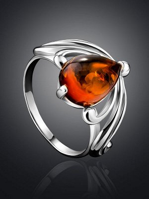 amberholl Изысканное серебряное кольцо «Медея» с натуральным коньячным янтарём