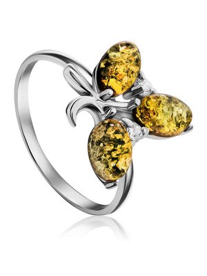 Изысканное кольцо из серебра с натуральным зелёным янтарём «Олеандр»