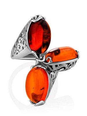 Эффектное серебряное кольцо со вставками из коньячного янтаря «Касабланка»