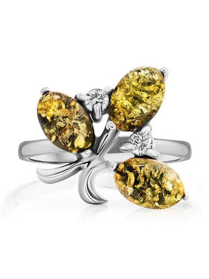 Изысканное кольцо из серебра с натуральным зелёным янтарём «Олеандр»
