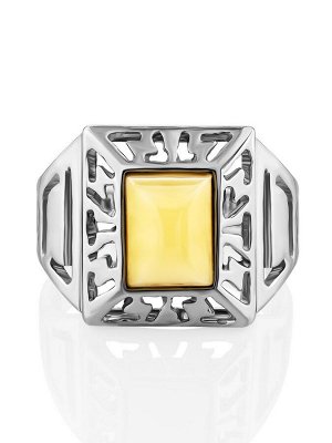 Стильный перстень «Итака» из серебра с натуральным янтарём медового цвета