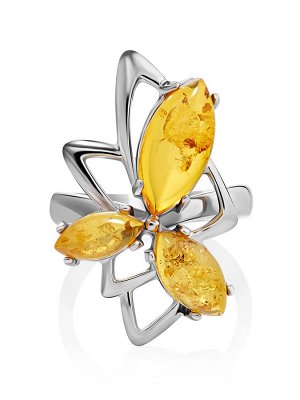 Эффектное кольцо «Калипсо» из серебра и натурального янтаря золотисто-коньячного цвета