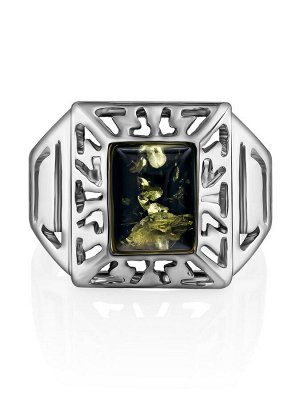 Серебряный перстень-унисекс с натуральным зелёным янтарём «Итака»