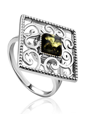 Изысканное кольцо из серебра и натурального янтаря зелёного цвета «Арабеска»