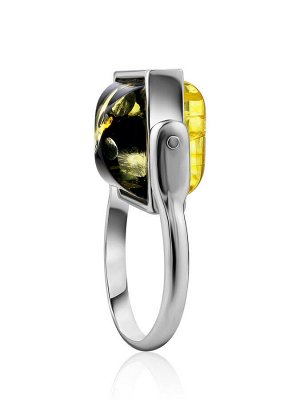 Оригинальное кольцо-перевёртыш с лимонным и зелёным янтарём «Овация»