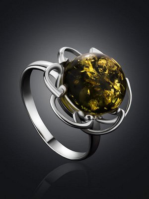 Нежное серебряное кольцо с натуральным зелёным янтарём «Ромашка»