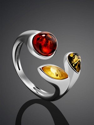Яркое тонкое кольцо из серебра и янтаря разных оттенков «Жерминаль»