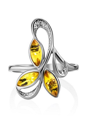 Изысканное серебряное кольцо с натуральным лимонным янтарём «Райская птица»