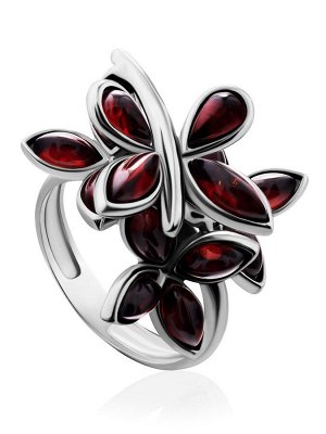Объемное серебряное кольцо с янтарными вставками вишневого цвета «Лаванда»