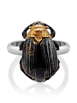 Яркое кольцо из натурального вишнёвого янтаря и серебра «Скарабей»