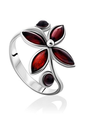 Изящное серебряное кольцо с янтарными вставками вишневого цвета «Лаванда»