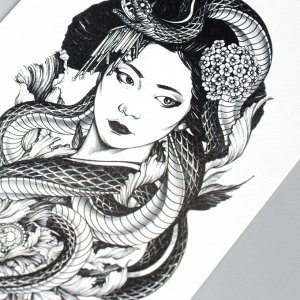 Татуировка на тело чёрная "Гейша со змеёй" 21х11,5 см