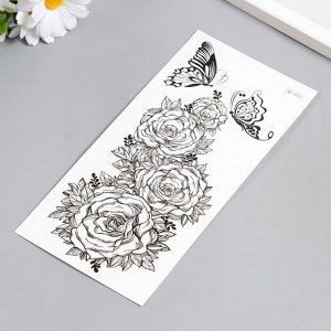 Татуировка на тело чёрная "Бабочки на розах" 10х21 см