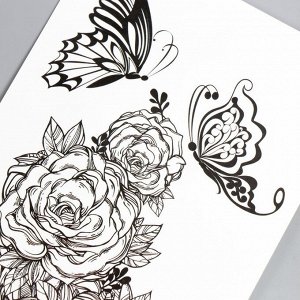 Татуировка на тело чёрная "Бабочки на розах" 10х21 см
