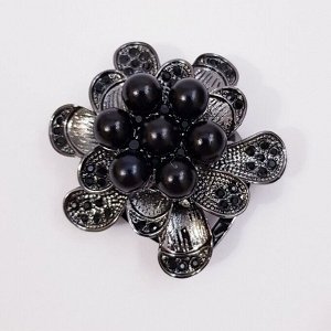 Брошь для шарфа "Цветок", цвет темно-серый, с черными жемчужинами, арт. 043.148