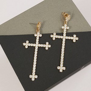 Серьги-гвоздики "Кресты" с цирконами, золотистый цвет, 37186, арт.606.433