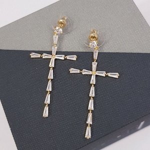 Серьги-гвоздики "Кресты" с цирконами, золотистый цвет, 37186, арт.606.434