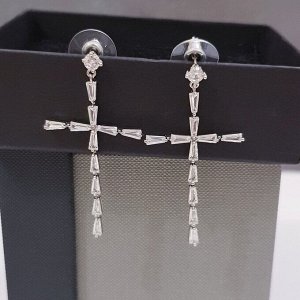 Серьги-гвоздики "Кресты" с цирконами, серебристый цвет, 37186, арт.606.435