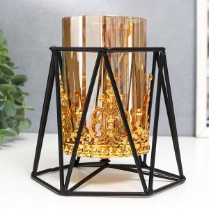 Подсвечник металл, стекло на 1 свечу "Грани" d-7,5 см, золото, чёрный 13х15,5х14,5 см