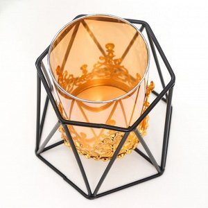 Подсвечник металл, стекло на 1 свечу "Грани" d-7,5 см, золото, чёрный 13х15,5х14,5 см