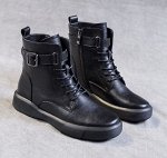 Женские ботинки из натуральной кожи утепленные на шнуровке и молнии сбоку,  черные