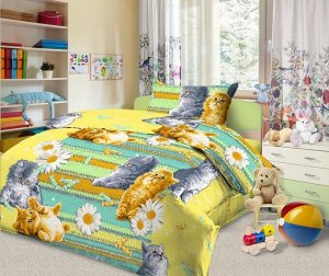 Простыня 1,5-спальная, бязь "Комфорт", детская расцветка (Кис-Кис, желтый)