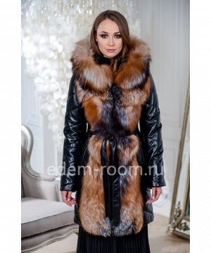 Кожаное зимнее пальто отороченное мехом лисы с капюшоном
