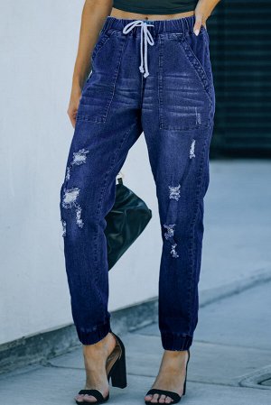 Синие потертые джинсы-джоггеры с карманами спереди