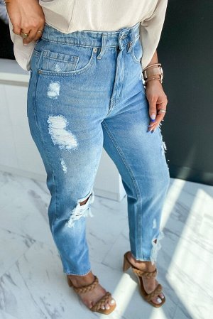 Blue Medium Wash Distressed Straight Jeans