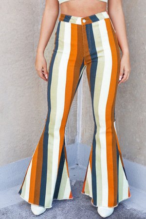 Multicolor Striped Print High Waist Flare Denim Pants