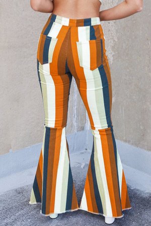 Multicolor Striped Print High Waist Flare Denim Pants