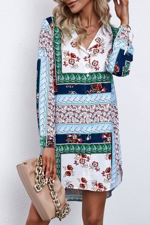 Разноцветное платье-рубашка с цветочным принтом и восточным орнаментом