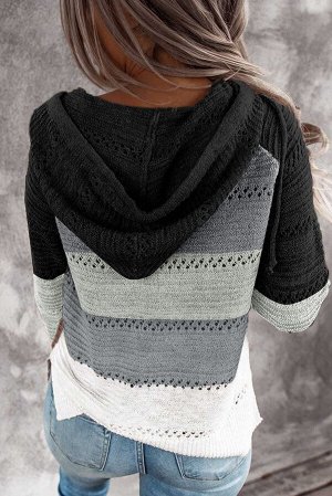 Черное вязаное худи с застежкой на молнии и серо-белыми полосами