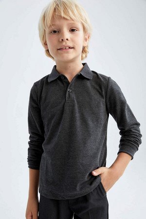 Базовая футболка с длинными рукавами и воротником поло для мальчиков, стандартный крой