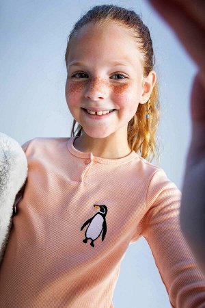 Пижамный комплект в рубчик с длинным рукавом и принтом для девочек