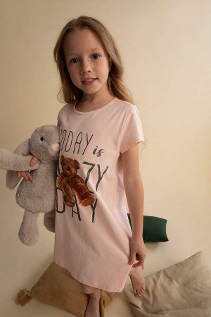 Хлопковая ночная рубашка с короткими рукавами и принтом плюшевого мишки для девочек