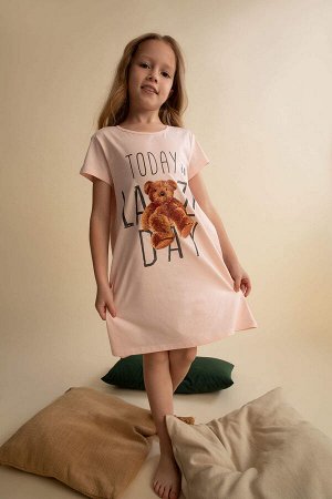 Хлопковая ночная рубашка с короткими рукавами и принтом плюшевого мишки для девочек