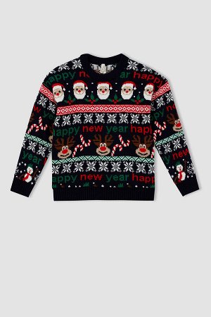 Трикотажный свитер с круглым вырезом на рождественскую тематику для девочек