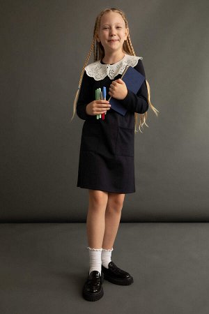 DEFACTO Платье для девочек Back To School с широким кружевным воротником и длинными рукавами