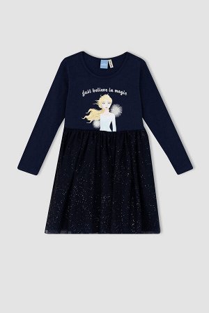 DEFACTO Лицензированное платье из тюля с длинными рукавами Frozen для девочек