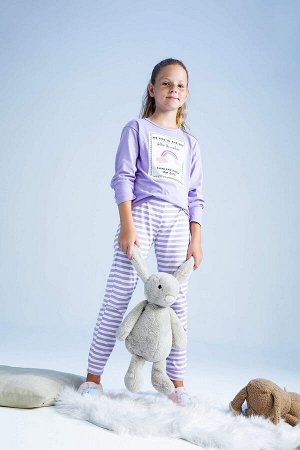 Пижамный комплект из хлопкового чесаного хлопка с длинными рукавами и полосатым принтом для девочек, обычный крой